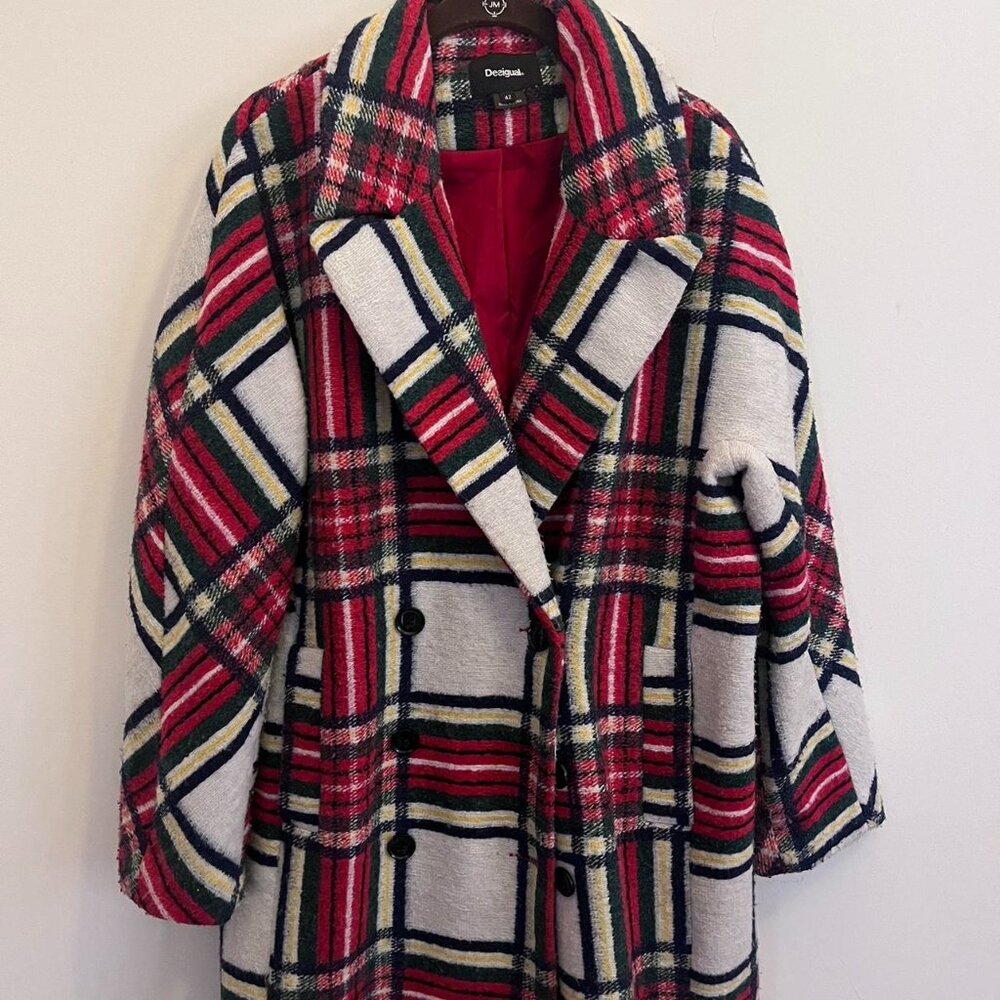Red and white plaid wool‎ Desigual coat